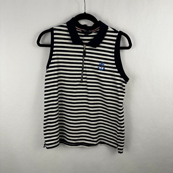Tommy‎ Hilfiger Polo Sleeveless Women's Striped 1/4 Zip With Anchor Logo Size M - Picture 1 of 6